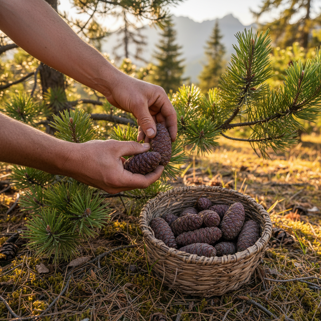 Handgepfl&uuml;ckte Zirbenzapfen aus der Hochsteiermark in einem Korb